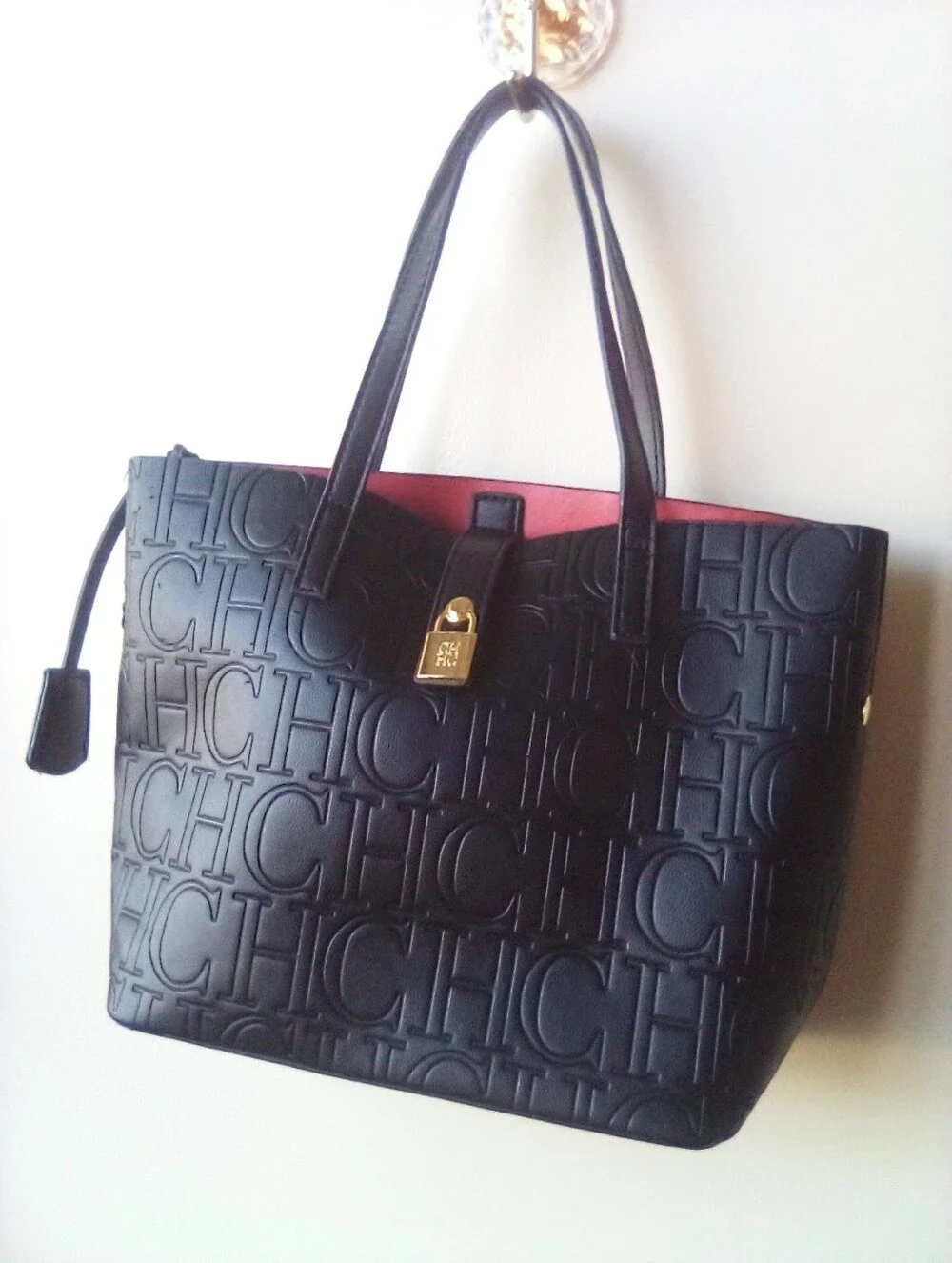 Women’s Embossed CHCH Logo Tote Bag in Black with Red Interior - Picture 3 of 10